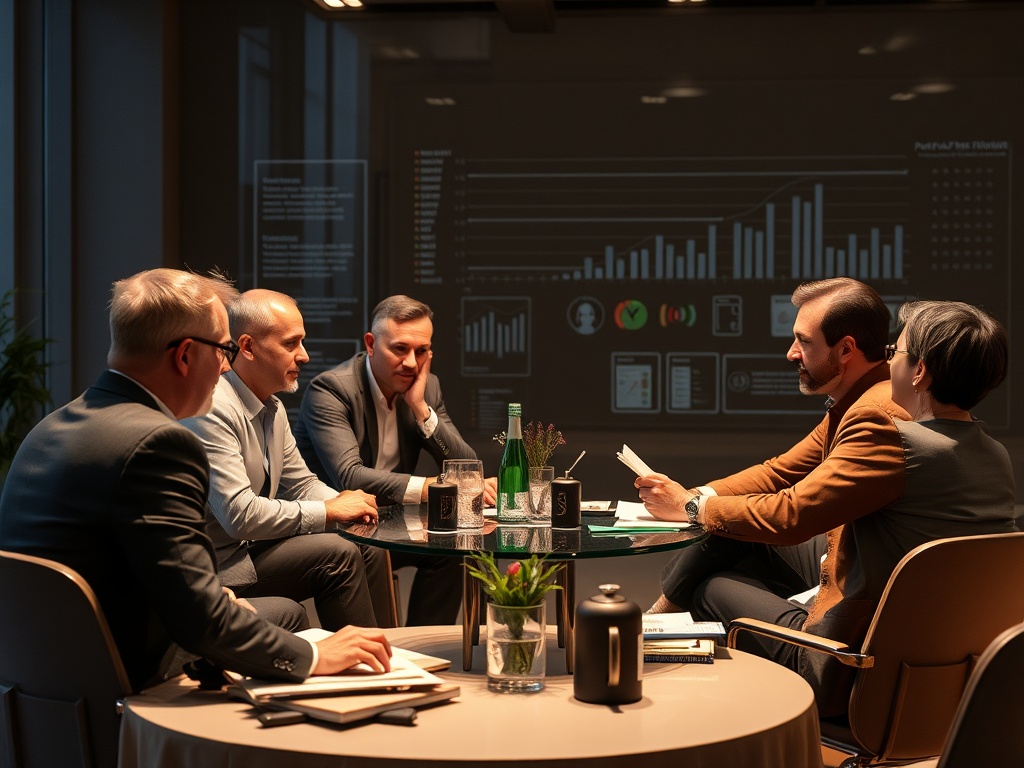 A group of six professionals discussing at a conference table, with data visuals projected behind them.