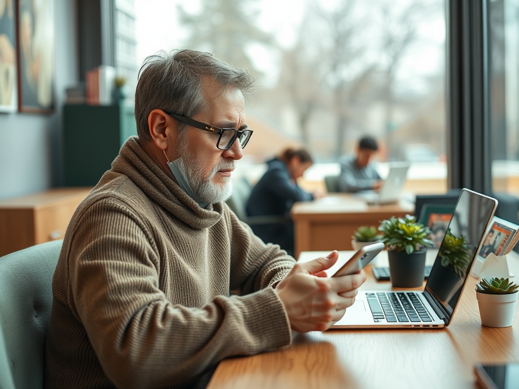 A thoughtful man in a brown sweater uses a smartphone at a desk with a laptop and small potted plants nearby.